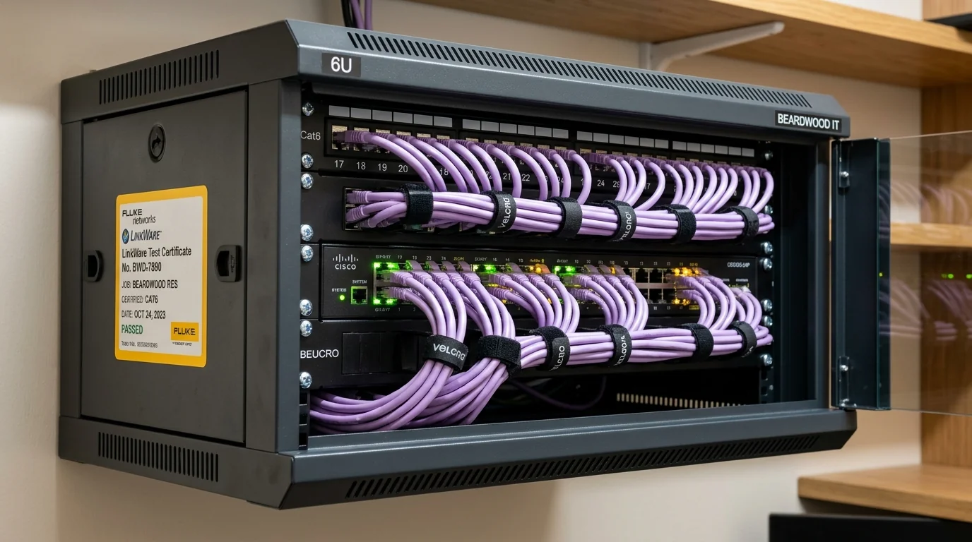 19-inch rack cabinet with enterprise managed PoE+ switch and labelled Cat6 patch runs in Beardwood