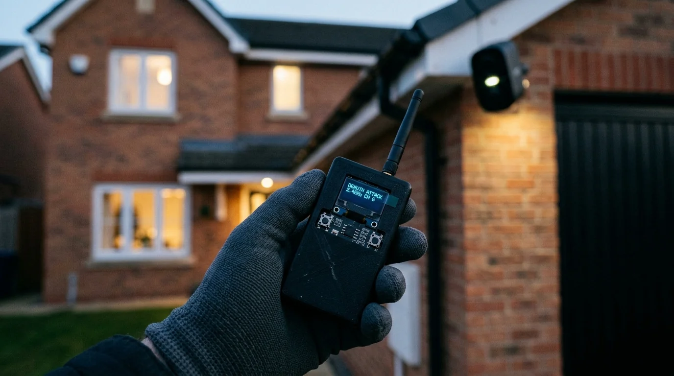 RF spectrum analyser revealing severe packet flooding from 2.4GHz handheld deauthentication jammer