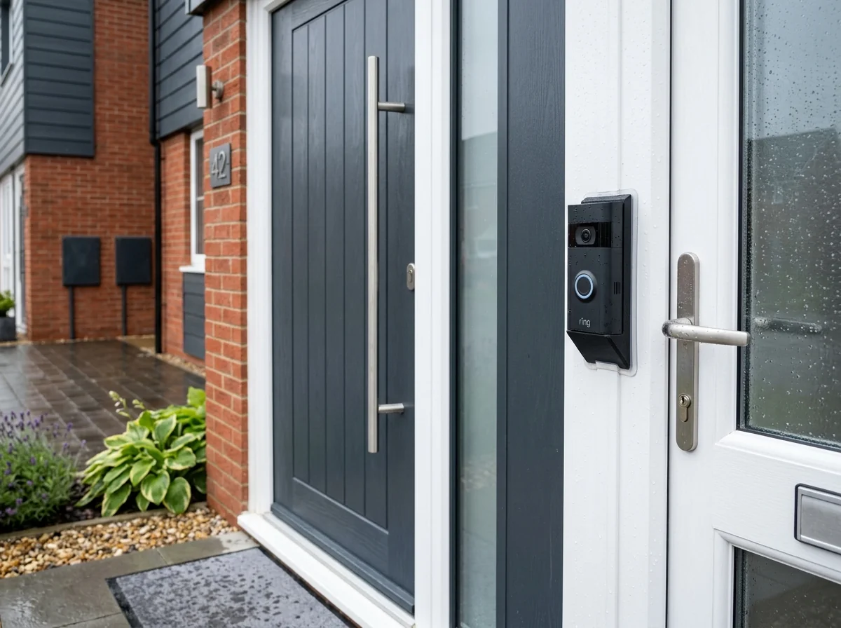 Smart video doorbell cleanly mounted to anthracite grey composite door frame with internal cable conduit