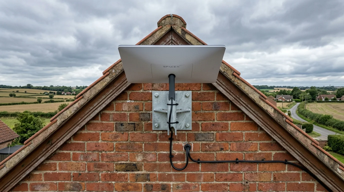 Starlink Gen 3 satellite terminal mounted to masonry gable apex with heavy-duty standoffs in Armthorpe