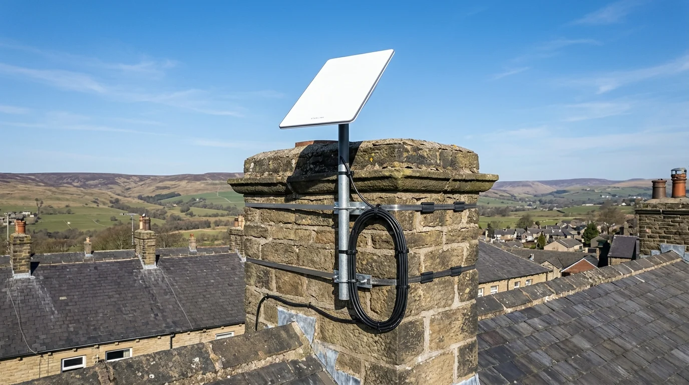 Starlink Gen 3 rectangular dish mounted on high-elevation roof bracket overlooking rural Lancashire in Rishton