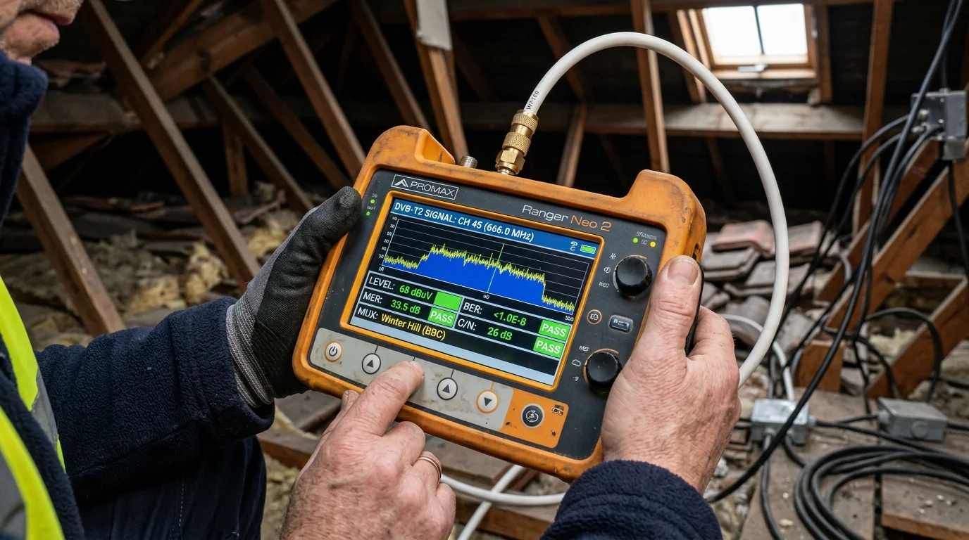 Promax digital TV spectrum analyzer showing MER, BER, and signal level readings on Winter Hill transmitter multiplexes