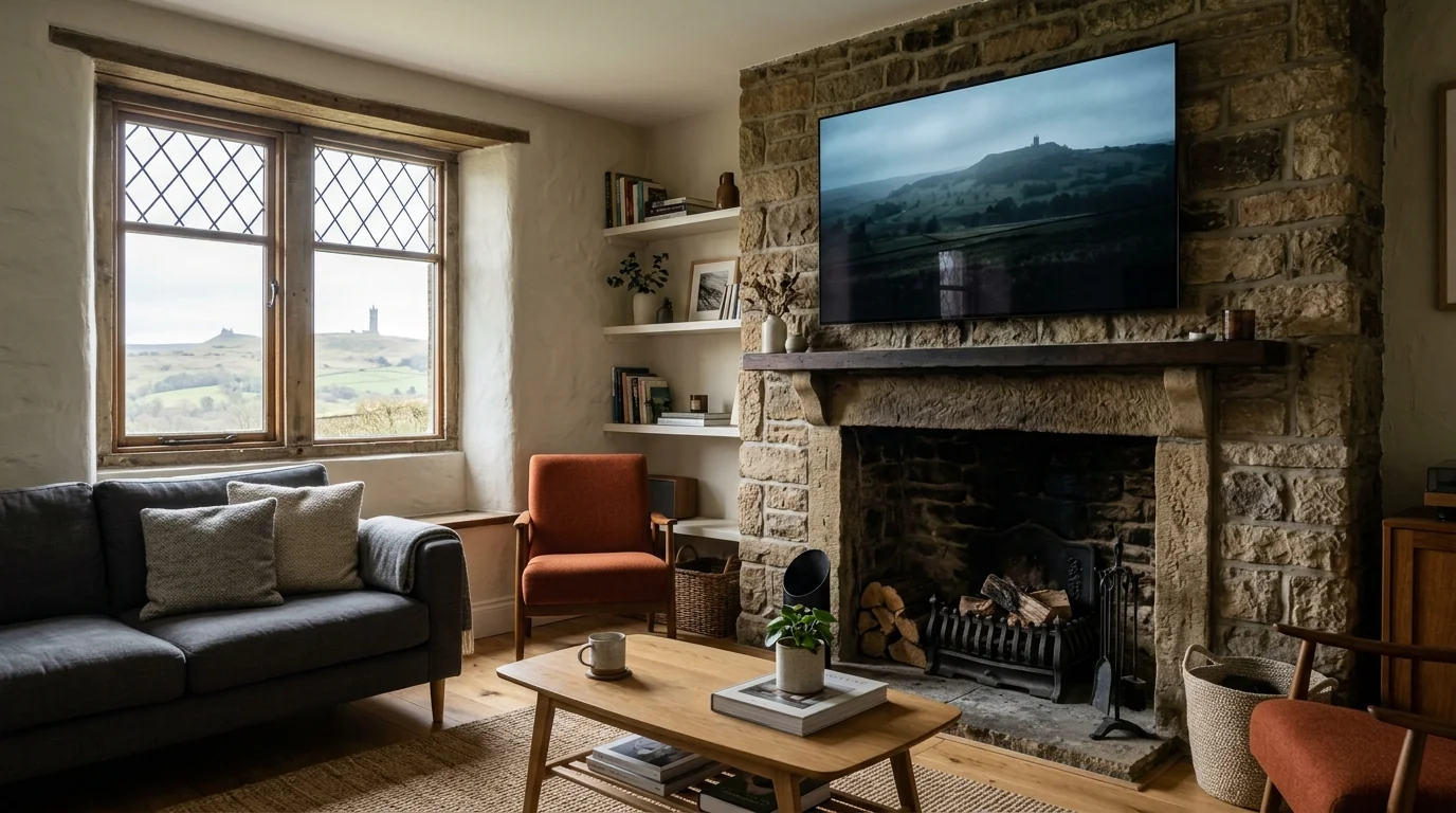 Contemporary living room media wall with recessed 65-inch screen and floating soundbar in Almondbury
